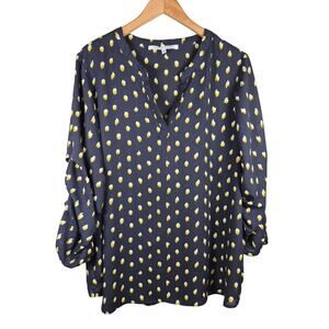 Collective Concepts Polka Dot Ruched Sleeves Blouse Top Black Gold Plus Size 1X